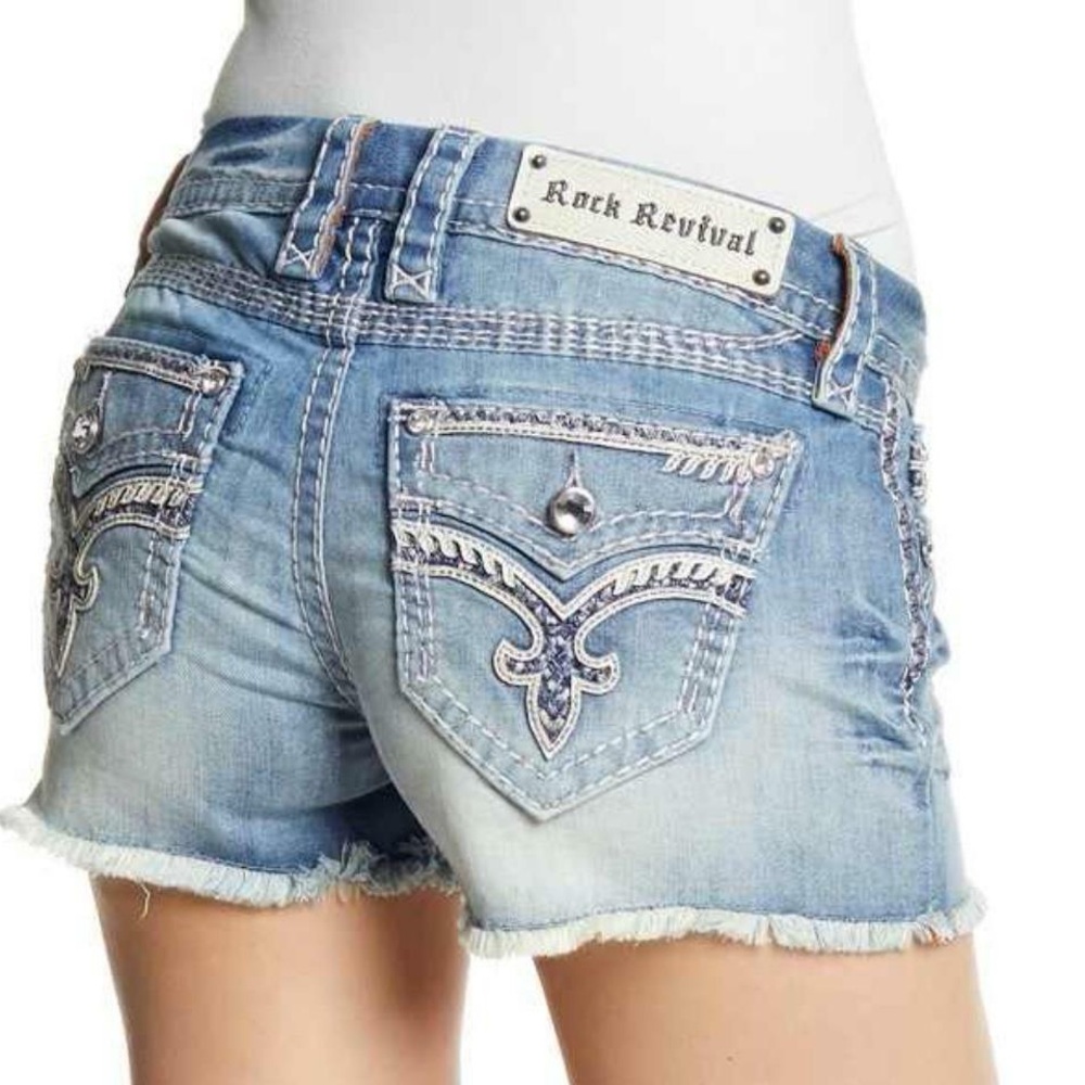 ROCK REVIVAL JELINA STRETCH JEAN SHORTS CRYSTAL RHINESTONE - Picture 2 of 5